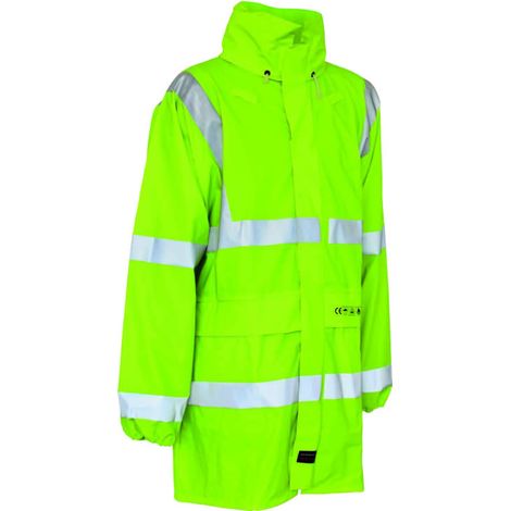 Veste de pluie haute visibilité jaune fluo – Tissu Techma flex PU extensible – Antistatique et non feu – Capuche avec cordon de serrage