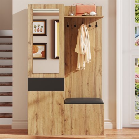 Guardaroba da ingresso - 98,5x38x191 cm - Specchio con armadio nascosto, 5 ganci, panca e mobile porta scarpe - Nero e naturale (1/5)