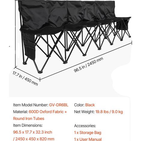 Banco plegable portátil, con capacidad para 6 personas, múltiples bolsillos de almacenamiento, 6 asientos, color negro. (1/2)