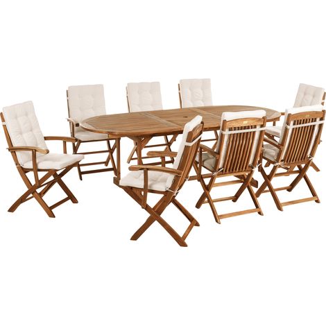 Conjunto de jardín 8 plazas de madera de acacia clara con mesa ovalada y sillas plegables con cojines beige claro Maui Premium (1/5)