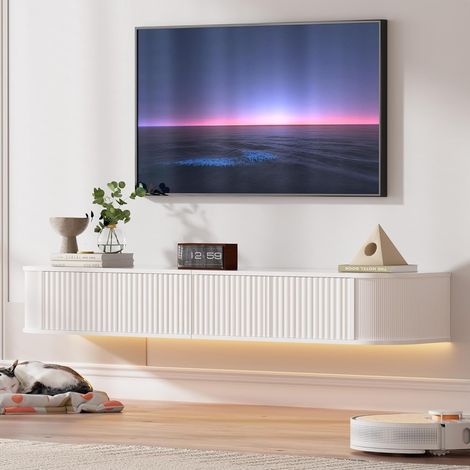 Meuble TV Suspendu Flottant avec Lumières LED RGB – Meuble TV Mural Moderne Blanc 140 cm Longueur, Profondeur 31 cm pour Rangement Amélioré, pour Téléviseurs 43 à 55 Pouces (1/5)