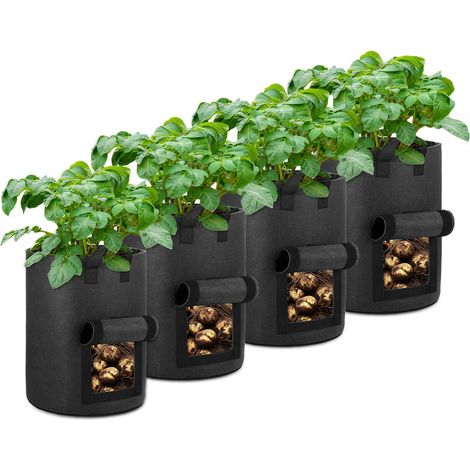 Lot de 4 Sacs de Culture de Pommes de Terre de 37 litres avec fenêtres à Rabat, Pots en Tissu d'aération très résistants avec poignées pour Jardin et Plantation (Noir) (1/5)