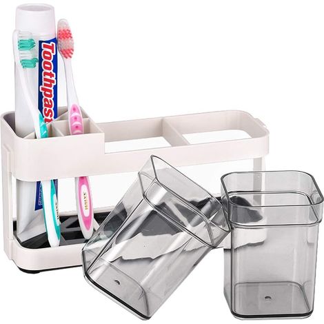 NineClouds Porte-brosse à dents et dentifrice avec 2 tasses pour organisateur de rangement de salle de bain, 4 emplacements (1/5)