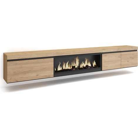 Mueble TV Macharaviaya-01 de 288x45x35 cm con chimenea eléctrica XXL, suspendido, color roble (1/4)