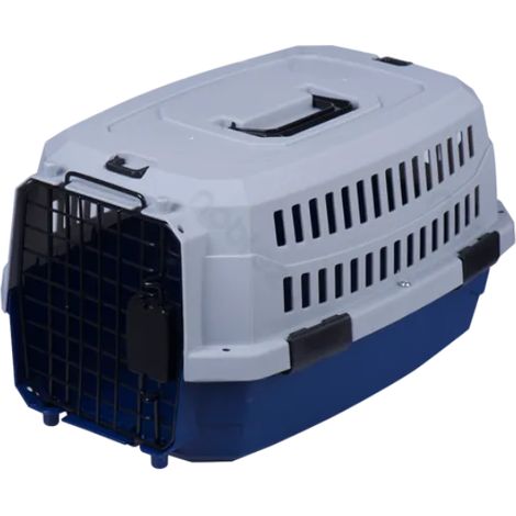 Cage de transport bicolore pour animaux de compagnie avec plateau hygiénique et ventilé.