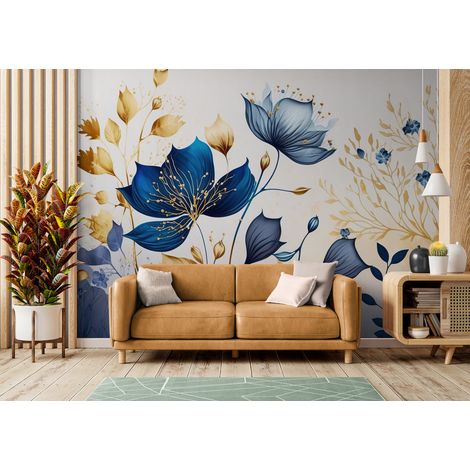 Papier Peint Art & Déco - Fleurs Dorées et Bleues - 150 x 250 cm (1/2)
