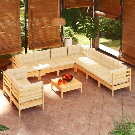 Salon de jardin 10 pcs,Mobilier de terrasse,Table et Chaise pour Relax avec coussins crème Bois de pin solide -YZ950949 (1/5)