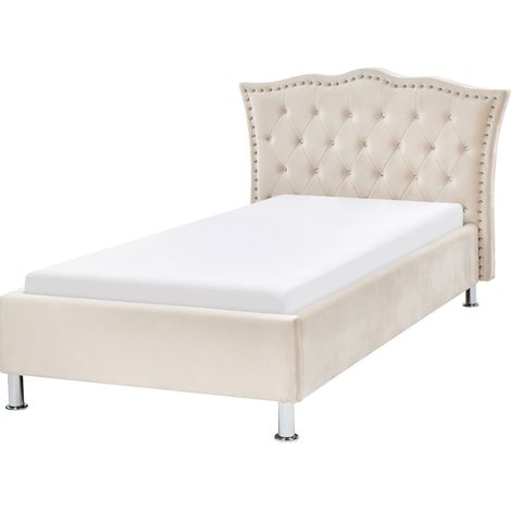 Cama con somier de terciopelo beige plateado 90 x 200 cm cabecero botones Metz