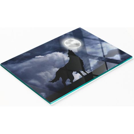 Tablero de vidrio templado con dise帽o de lobo. Hoy es luna llena. 80x52 cm.