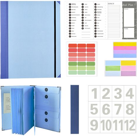 Organiseur 12 pochettes – factures/chèques/actes, maison/école/bureau, bleu, autocollants (1/5)