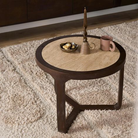 Table d'appoint travertin et bois 3 pieds Ø60 cm DUOMO (1/5)