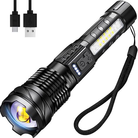 Leistungsstarke, ultrahelle wiederaufladbare LED-Taschenlampe mit 6 Leuchtmodi, wasserfest und zoombar, geeignet für Notfallsituationen, den Gebrauch zu Hause, Camping und Wandern.