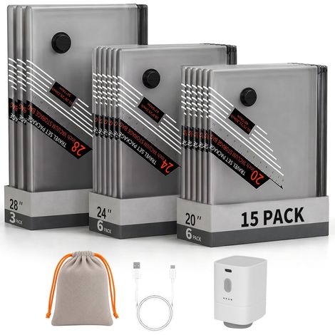 Lot de 15 sacs de rangement sous vide avec pompe électrique sans fil – Cubes d'emballage s et résistants aux déchirures – Économisez 80 % d'espace – Sacs sous vide parfaits pour vêtements (1/5)
