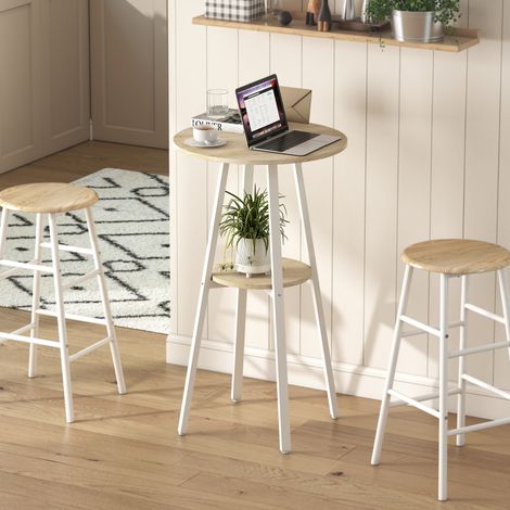 Mesa Alta Cocina Redonda con Estante de Almacenamiento Moderna para 2 Personas 55x55x95 cm Madera Natural y Blanco (1/5)