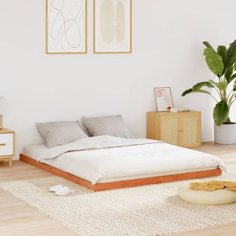 Cama sin colchón madera maciza pino marrón cera 150x200 cm
