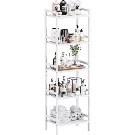 Etagere 5 Niveaux, Bibliotheque Salle de Bain Rangement Bambou avec Étagères Réglables, Support de Plantes Gain de Place, pour Salon, Balcon, Cuisine, Blanc (1/5)