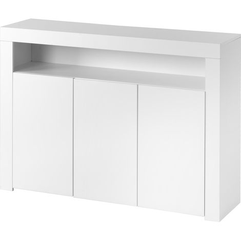 Buffet blanc brillant 3 portes avec LED, rangement moderne en panneau de particules, niches ouvertes, 130 x 35 x 95 cm (1/5)