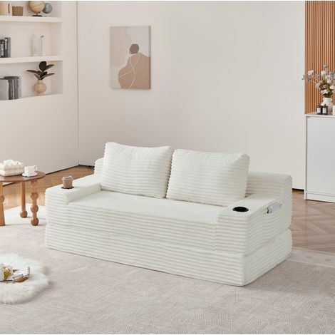 Canapé lit banquette 2-en-1 en velours côtelé, avec porte-gobelets intégrés, poches de rangement et 2 coussins - beige (1/5)