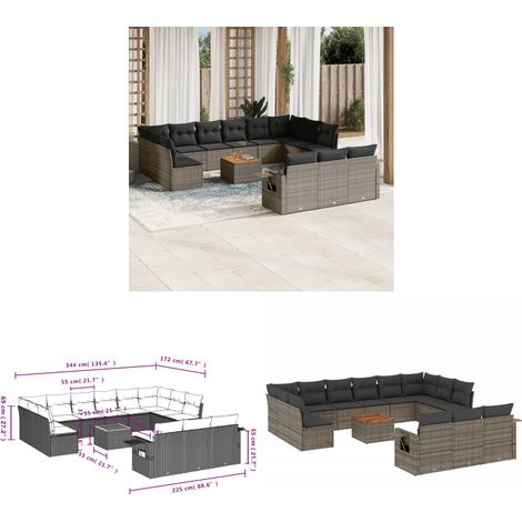 Salon de jardin avec coussins 14 pcs gris résine tressée - Ensemble Salon De Jardin - Meuble Extérieur - Résine Tressée - Rotin Synthétique - Mobilier De Jardin - Home & Living (1/3)