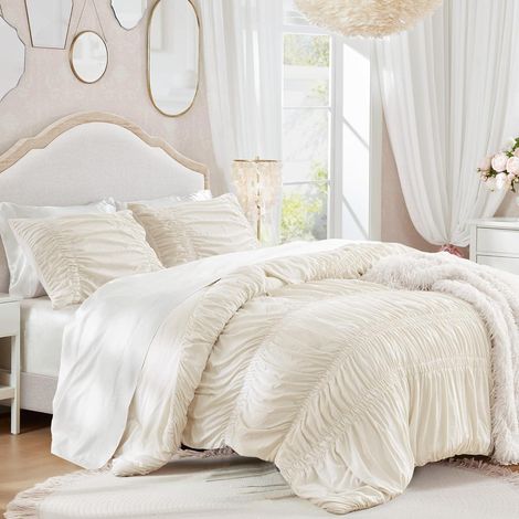 Bettwäsche-Set Seersucker 220x240cm Beige mit Rüschen und Schleifen