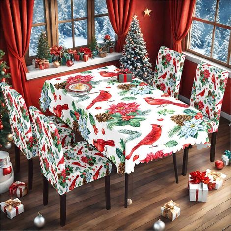 Nappe de Noël classique rouge et verte, imprimée numériquement, imperméable, avec housse de chaise décorative, ensemble TC-244 (140 x 210 cm)