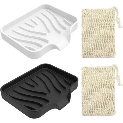 2 Pièces Porte Savon en Silicone, Porte-savons avec Drain de Vidage, Support Savon Antidérapant, Apportez Deux Sacs de Savon en Sisal (1/4)