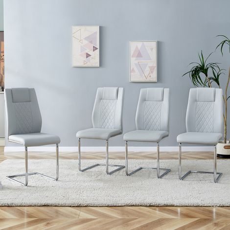 MODFU – Set di 4 sedie da pranzo in PU/metallo con schienale ergonomico traforato e gambe curve, portata 120 kg e patini – Grigio chiaro/argento (1/5)