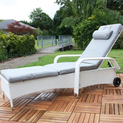 Melko Chaise longue de jardin avec accoudoir et fonction d'inclinaison réglable en poly rotin, absolument résistante aux intempéries, avec coussin gris et roues, 213 x 76 x 52 cm, blanc