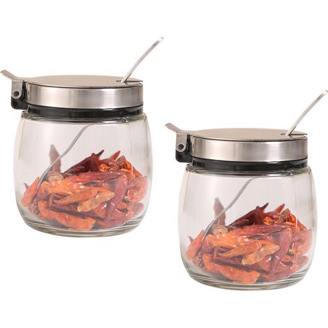 Lot de 2 bocaux à épices en verre transparent avec cuillères, contenants hermétiques pour condiments, pots de rangement avec cuillères intégrées (1/5)