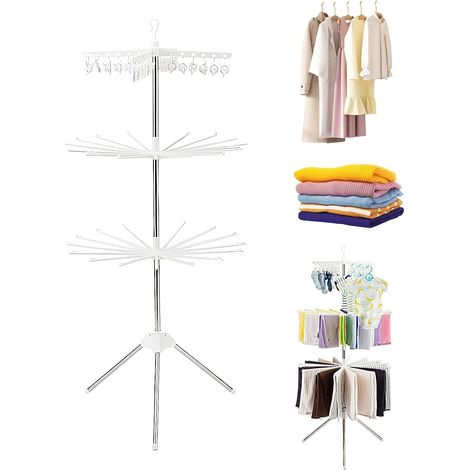 Étendoir à linge trépied compatible avec les vêtements, étendoir pliable à 3 niveaux, étendoir portable intégré, essoreur avec rotation à 360°, étendoirs pliables compatibles avec les vêtements (1/5)