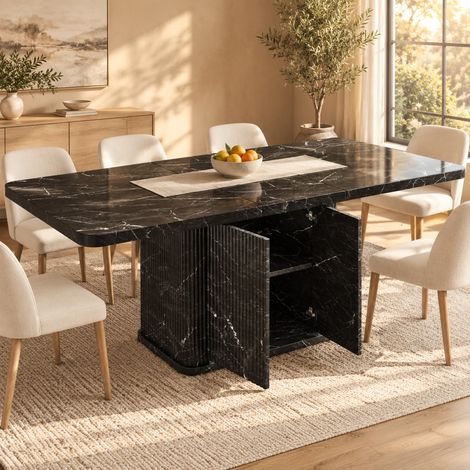 Mesa de comedor extensible 140-180 x 80 cm MDF negro efecto mármol con almacenaje - CHICFURN (1/5)