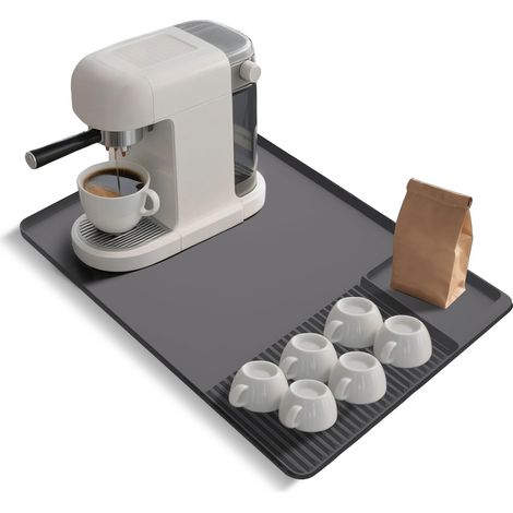 Tapis à café en silicone de 61 x 40,6 cm avec bords surélevés, pliable et drainable, pour machine à café expresso, pour comptoirs de cuisine (gris) (1/5)