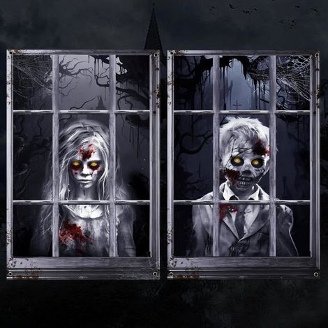 2 Pièces Fenetre, Rideau Chambre Effrayante Decoration avec Motif Horreur pour Halloween Exterieur et Intérieur Fenêtre (1/5)