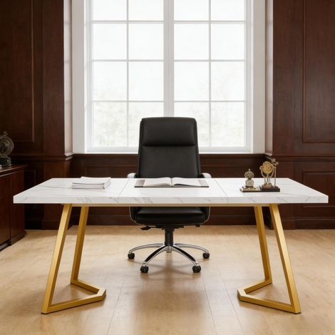 Bureau 140 x 80 x 75 cm en bois et métal blanc et or DESVIAE (1/5)