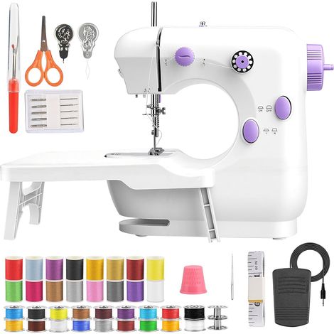 Mini machine à coudre électrique portable avec table extensible, pédale et 2 vitesses, kit de couture complet pour enfants et adultes, idéale pour le bricolage, les vêtements et les voyages (1/5)