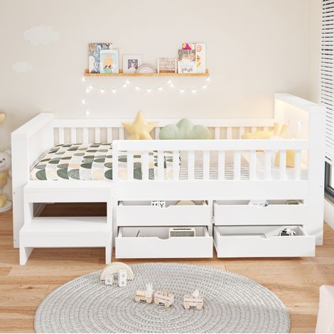 Kinderbett 90/200 cm in Weiß mit LED, Schubladen, Stufen und Sicherheitsgitter (1/5)