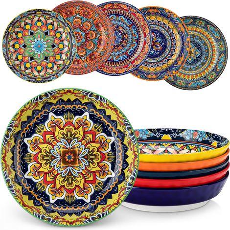 Assiettes à pâtes KRVI Lot d'assiettes creuses, lot d'assiettes creuses colorées Ø 21 cm, bols à soupe 960 ml pour soupe, muesli, lavables au lave-vaisselle et au micro-ondes (1/5)
