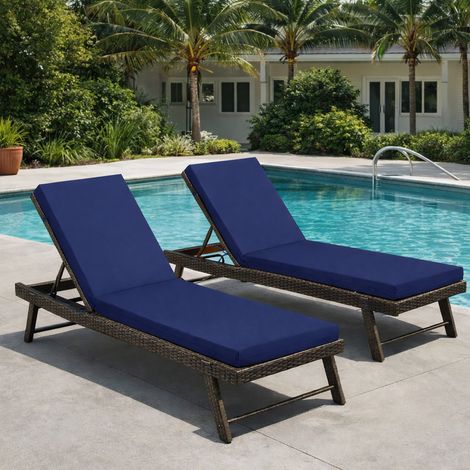 Coussin extérieur de rechange pour bain de soleil, avec sangles de fixation et rembourrage en mousse, en polyester bleu