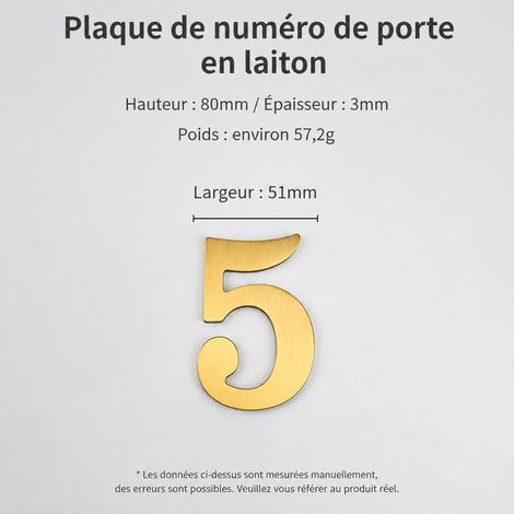 Numéro de maison chiffre 5 en laiton pur mat adhésif 8 cm t4911-8cm 5 8 × 5,1 × 0,3 cm 57 g – Livraison gratuite