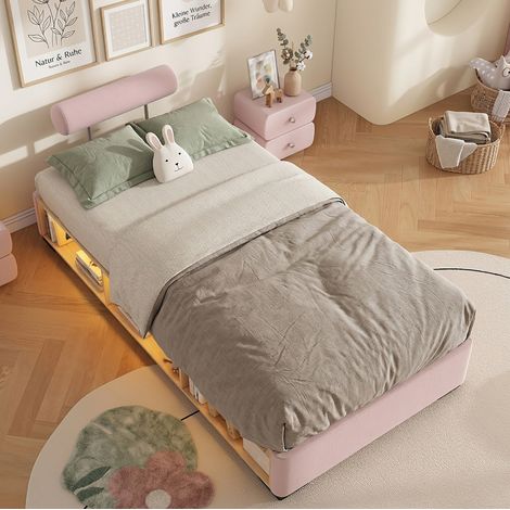 Letto imbottito per bambini 90x200 cm rosa in velluto con ripiano laterale LED (1/5)