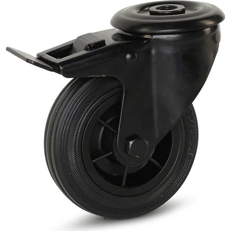 Roulette pivotante freinée - MESO - Caoutchouc noir - Trou central - 100mm - 75kg