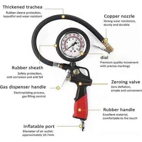 Reifenfüller mit Manometer, ölgekühltes Reifendruckmessgerät mit Schlauch, 0–16 bar / 0–230 psi, Kupfer (1/4)