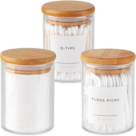 Bocal En Verre - Couvercle En Bambou - 10 Oz - Pour Cotons Tiges Et Produits De Soin - Lot De 3 (1/5)