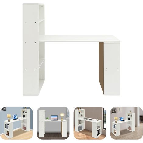 Bureau d'ordinateur, Panneau de densité, Longueur 120 cm, Bibliothèque à 4 niveaux, Étagères latérales à 2 niveaux, Autonome (1/5)