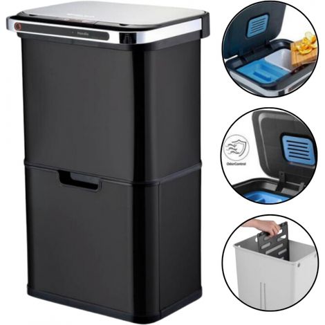 Poubelle automatique de tri 60L à 4 compartiments – Inox SS304 noir mat – Ouverture par capteur – Filtre anti-odeurs intégré (1/5)