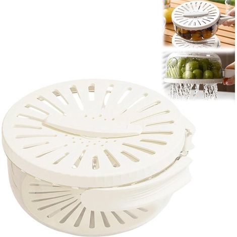 Cesta escurridora multifuncional 2 en 1 con tapa y asa plegable para enjuagar y escurrir verduras y frutas - Blanca (1/5)