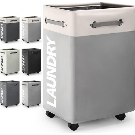 74L Rolling Collapsible Laundry Bin Collapsible Storage Laundry Hamper Laundry Bin Rectangular Laundry Bin Laundry Bag with Breathable Cover(White+Light Gray o2)
