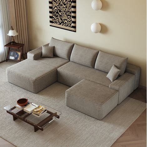 Divano angolare modulare 270 cm con chaise longue a L, tessuto cammello OKMYHOME (1/5)