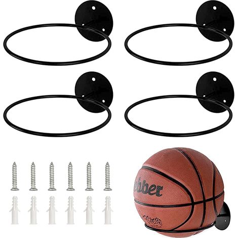 4 Supports Muraux pour Balles Porte-Balles Inoxydable de Rangement Support de Basketball Noir avec Vis pour Rugby Football Volleyball et Basketball