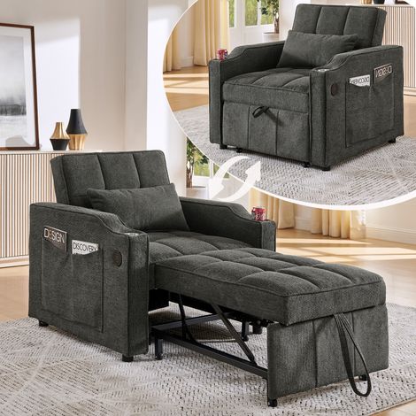 Fauteuil convertible 3 en 1 – USB/Type-C – Canapé-lit 190cm – Porte-gobelet inox – 3 positions – Gris – Petits espaces (1/5)